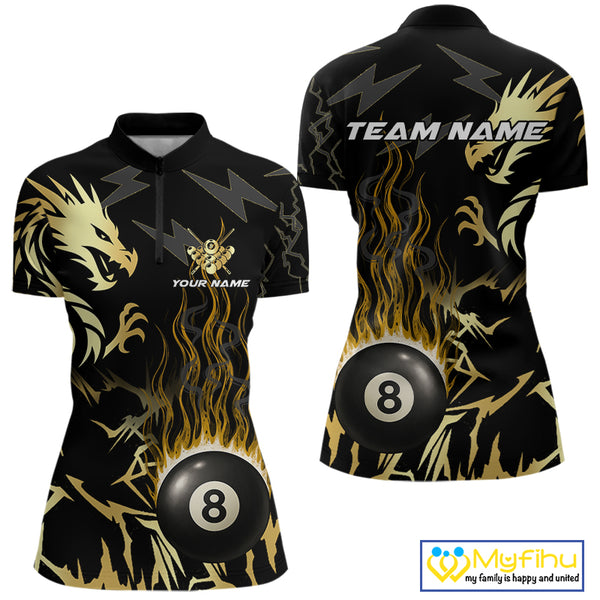 Black And Gold Flame 8 Ball Pool Shirt For Women Custom Dragon Billiards Team Jersey Polo & 1/4 Zip TDM4103