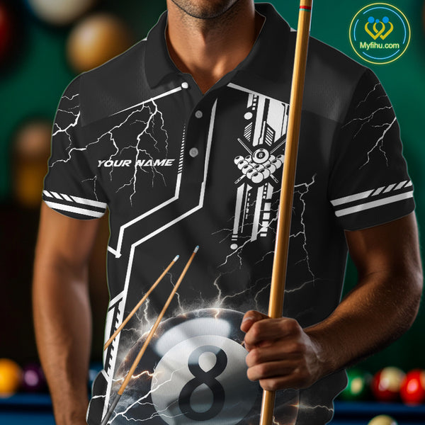 Personalized Thunder Lighting 8 Ball Shirt For Men, White Black Billiard Team Shirts, Pool Jerseys TDM4110
