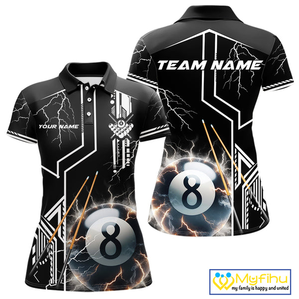 Personalized Thunder Lighting 8 Ball Shirt For Women, White Black Billiard Team Shirts, Pool Jerseys TDM4110