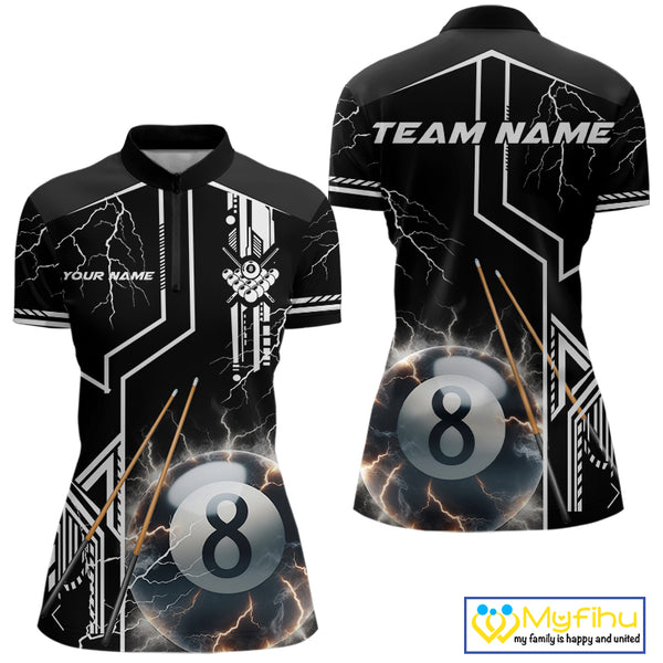 Personalized Thunder Lighting 8 Ball Shirt For Women, White Black Billiard Team Shirts, Pool Jerseys TDM4110
