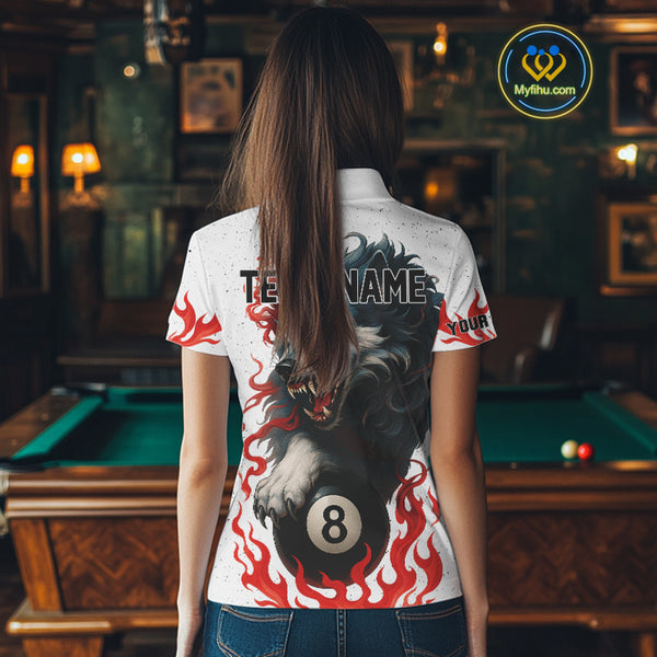 Personalized Wolf Flaming 8 Ball Billiard Shirts For Women Custom Billiard Pool Team Jersey |Red TDM4111