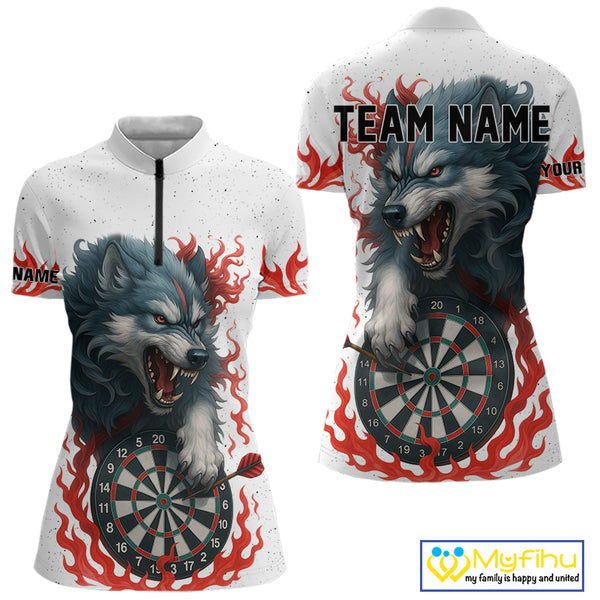 Personalized Wolf Flaming Dart Shirts For Women Custom Darts Jerseys Team Polo & Quarter Zip | Red TDM4112