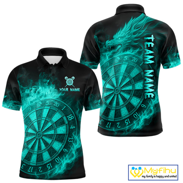 Personalized 3D Turquoise Dartboard Dragon Flame Dart Shirts For Men Custom Darts Team Jerseys TDM4313