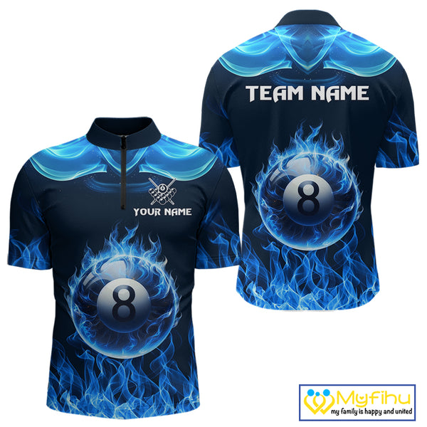 Blue Flaming 8 Ball Pool Billiard Shirts For Men Custom Polo & Quarter Zip Billiard Team Jerseys TDM3999