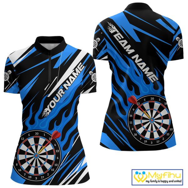 Blue Dartboard Flame Custom Dart Shirts For Women, Darts Team Jerseys Polo & Quarter Zip Shirts TDM4004