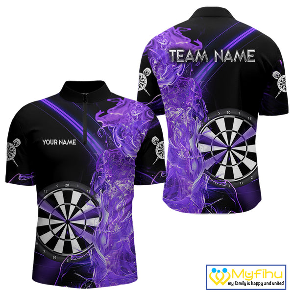 Custom Black And Purple Flame Darts Shirts For Men, Darts Team Jerseys Polo & Quarter Zip Uniform TDM4017