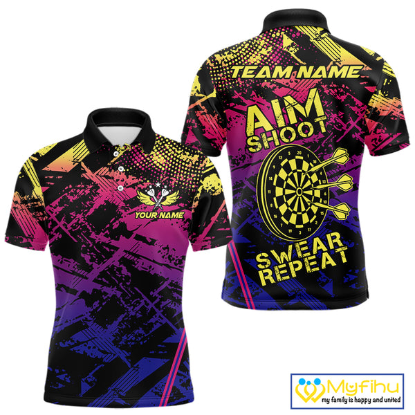 Purple Pink Yellow Grunge Aim Shoot Swear Repeat Dart Shirt For Men Custom Funny Darts Team Jersey TDM4034