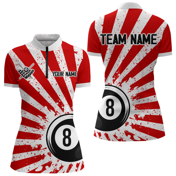 Funny Grunge Billiard 8 Ball Women Polo & Quarter-Zip Shirts Custom Red 8 Ball Pool Jerseys Attire TDM1879