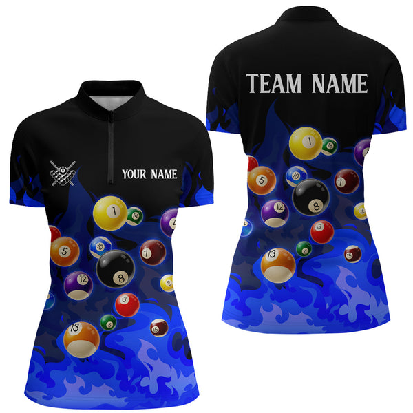 Blue 3D Billiard Balls Fire Flame Custom Billiard Shirts For Women, Billiard League Pool Team Jersey TDM3331