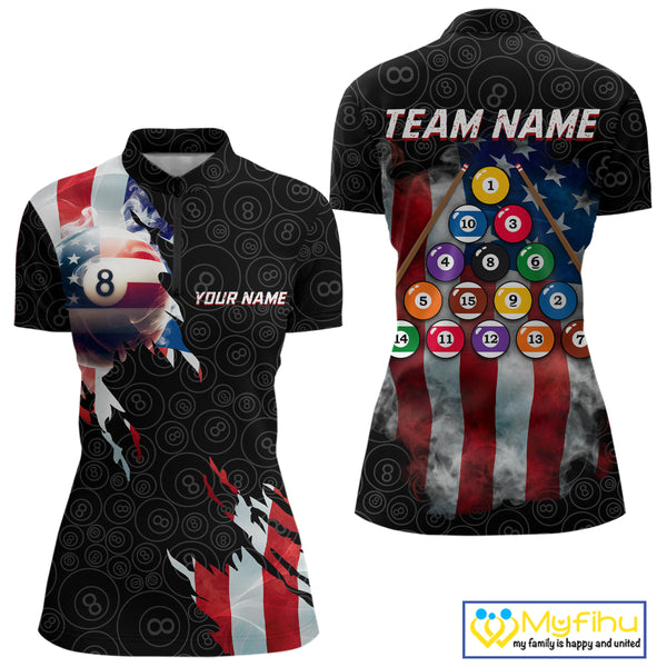 American Flag 8 Ball Billiard Shirts For Women Custom Pool Team Jerseys Polo & Quarter Zip TDM3966