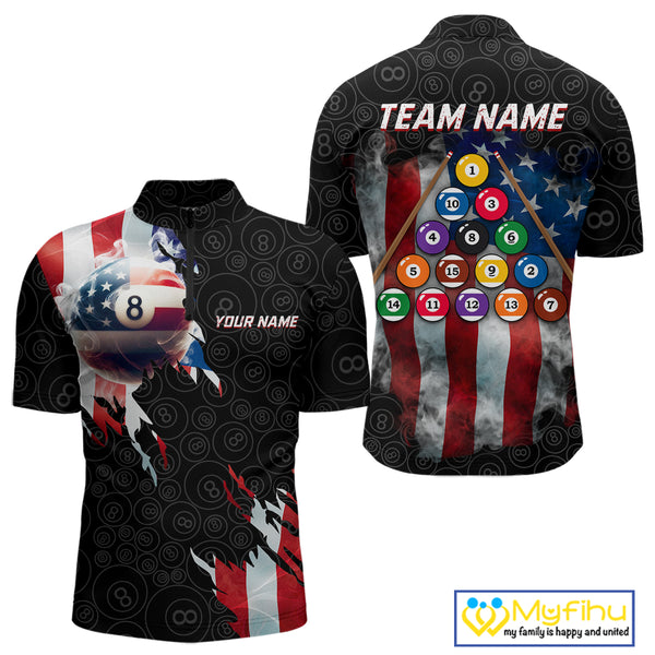 American Flag 8 Ball Billiard Shirts For Men Custom Pool Team Jerseys Polo & Quarter Zip TDM3966