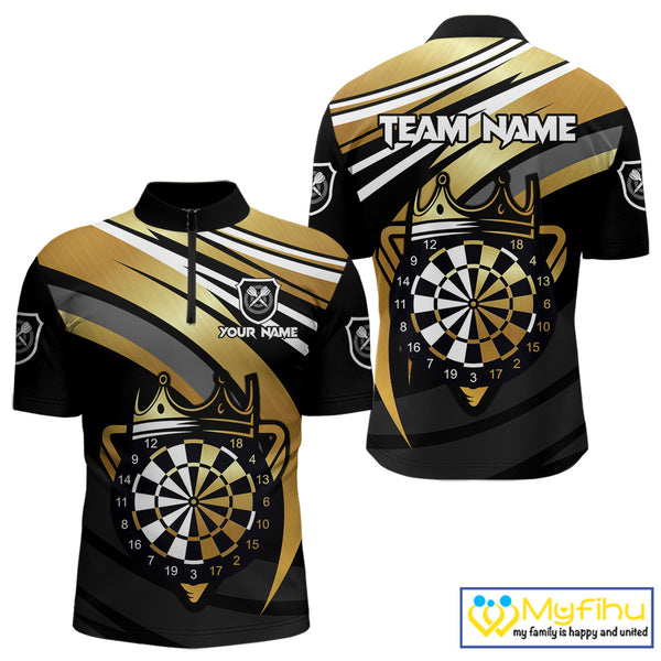 Black And Gold Dartboard Crown Darts Shirt For Men Custom Darts Sport Jersey Team Polo & 1/4 Zip TDM4793
