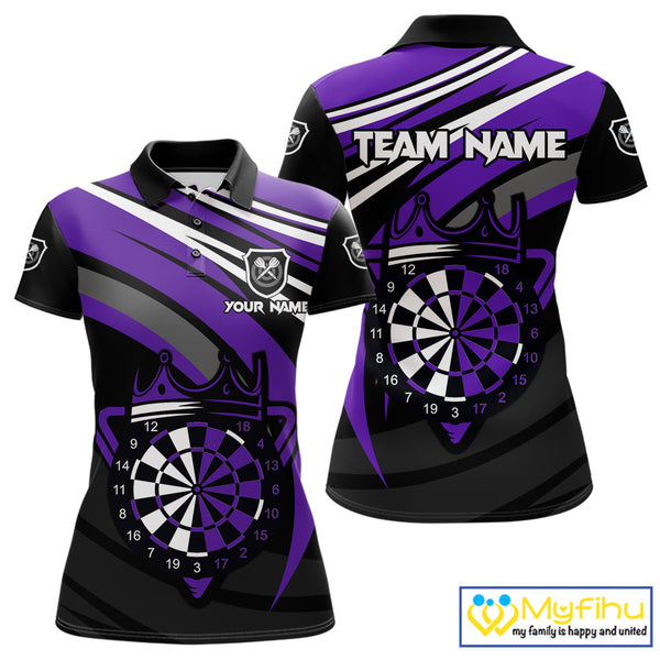 Black And Purple Dartboard Crown Darts Shirt For Women Custom Darts Sport Jersey Team Polo & 1/4 Zip TDM4794