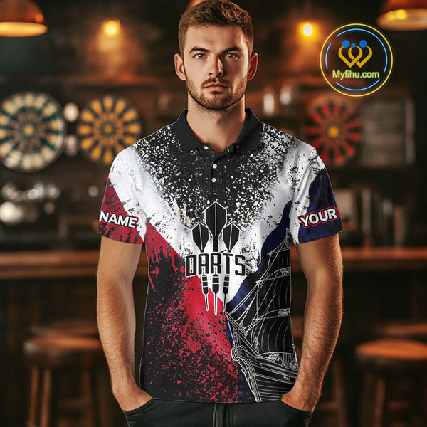 Custom Red, White And Blue Skull Darts Team Polo Shirts For Men, Dart Jerseys NYN0076
