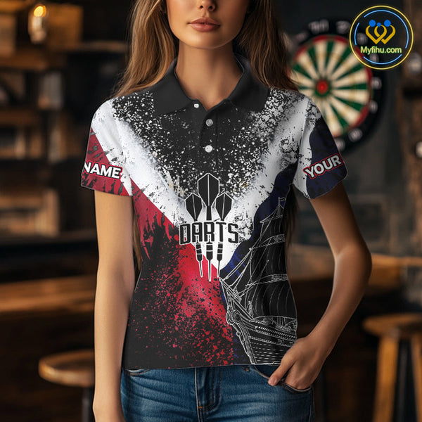 Custom Red, White And Blue Skull Darts Team Polo Shirts For Women, Dart Jerseys NYN0076