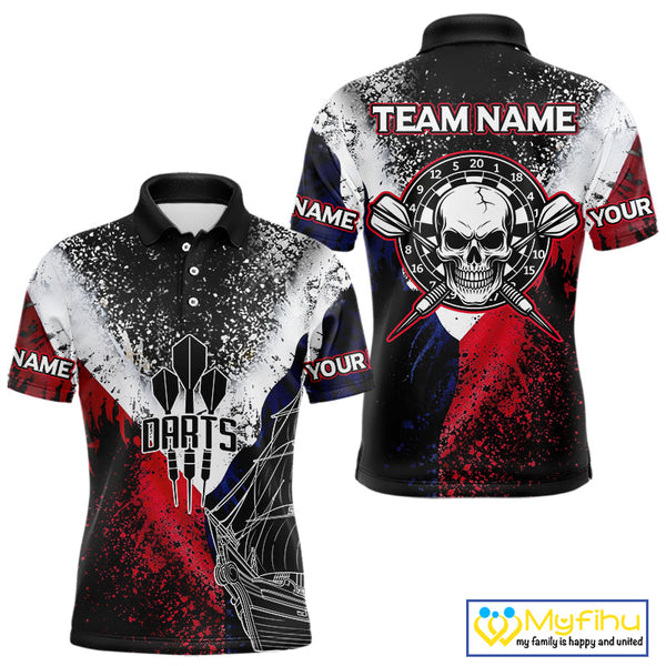 Custom Red, White And Blue Skull Darts Team Polo Shirts For Men, Dart Jerseys NYN0076