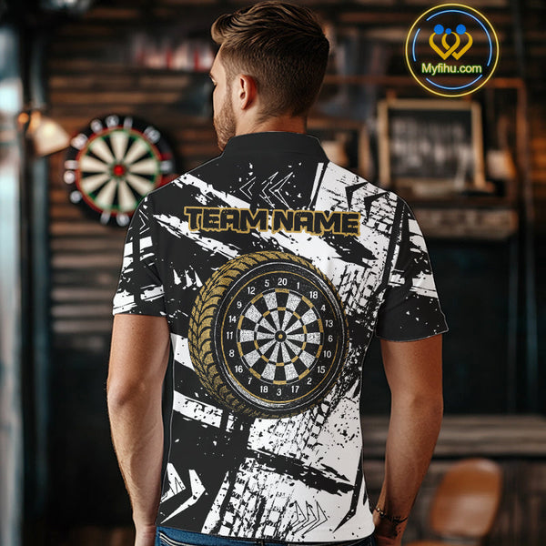 Custom Grunge Black And White Tire Dart Team Polo Shirts For Men, Dart Jerseys NYN0079