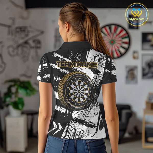 Custom Grunge Black And White Tire Dart Team Polo Shirts For Women, Dart Jerseys NYN0079