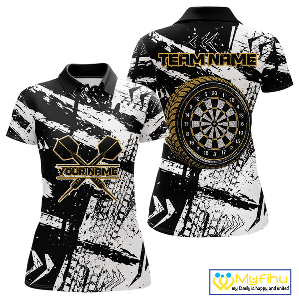 Custom Grunge Black And White Tire Dart Team Polo Shirts For Women, Dart Jerseys NYN0079
