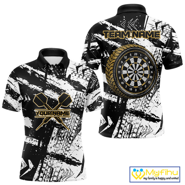 Custom Grunge Black And White Tire Dart Team Polo Shirts For Men, Dart Jerseys NYN0079