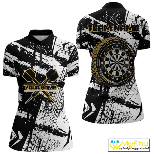 Custom Grunge Black And White Tire Dart Team Quarter-Zip Shirts For Women, Dart Jerseys NYN0079