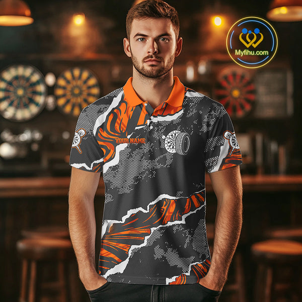 Custom Black And Orange Camo Dart Jerseys, Dart Polo Shirts For Men, Dart League Shirt NYN0083