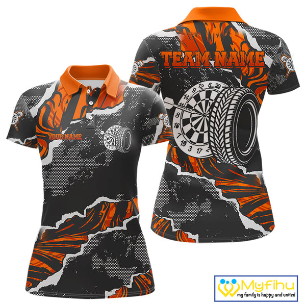 Custom Black And Orange Camo Dart Jerseys, Dart Polo Shirts For Women, Dart League Shirt NYN0083
