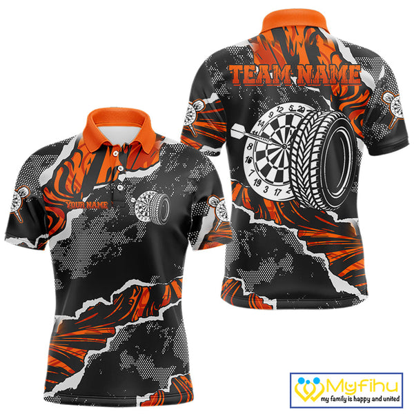 Custom Black And Orange Camo Dart Jerseys, Dart Polo Shirts For Men, Dart League Shirt NYN0083