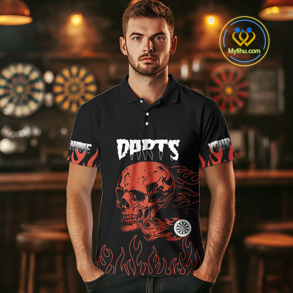 Custom Black And Red Flame Skull Darts Men Polo Shirts, Thunder Lightning Dart Jerseys NYN0085
