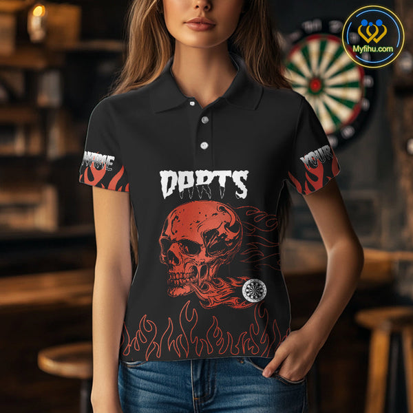 Custom Black And Red Flame Skull Darts Women Polo Shirts, Thunder Lightning Dart Jerseys NYN0085
