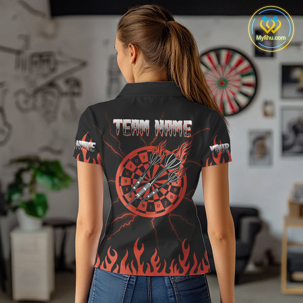 Custom Black And Red Flame Skull Darts Women Polo Shirts, Thunder Lightning Dart Jerseys NYN0085