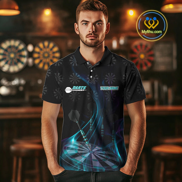 Custom Black Blue Dartboard Neon Effect Darts Polo Shirts For Men, Dart Jerseys NYN0692