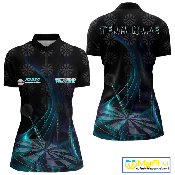 Custom Black Blue Dartboard Neon Effect Darts Quarter-Zip Shirts For Women, Dart Jerseys NYN0692