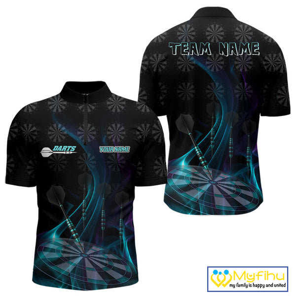 Custom Black Blue Dartboard Neon Effect Darts Quarter-Zip Shirts For Men, Dart Jerseys NYN0692