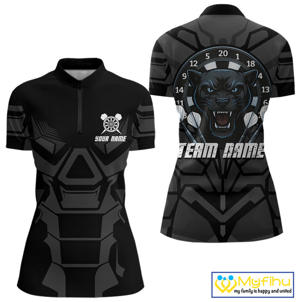 Custom Black And Blue Panther Dart Team Quarter-Zip Shirt For Women, Dart League Shirt NYN0438