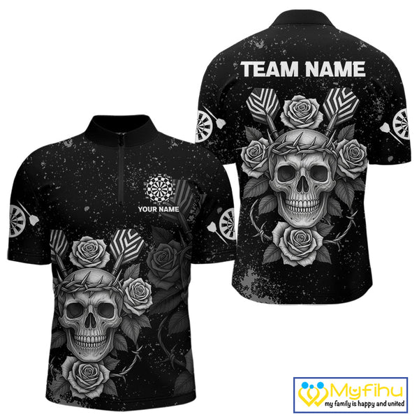 Custom Black And White Skull And Roses Dart Team Men Quarter-Zip Shirt, Halloween Dart Outfit NYN0442