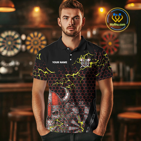 Custom Black And Red Viking Skull Dart Polo Shirt For Men, Dart Team Jerseys NYN0445