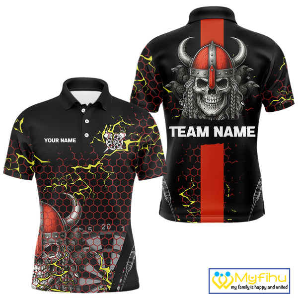 Custom Black And Red Viking Skull Dart Polo Shirt For Men, Dart Team Jerseys NYN0445