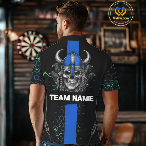 Custom Black And Blue Viking Skull Dart Polo Shirt For Men, Dart Team Jerseys NYN0446