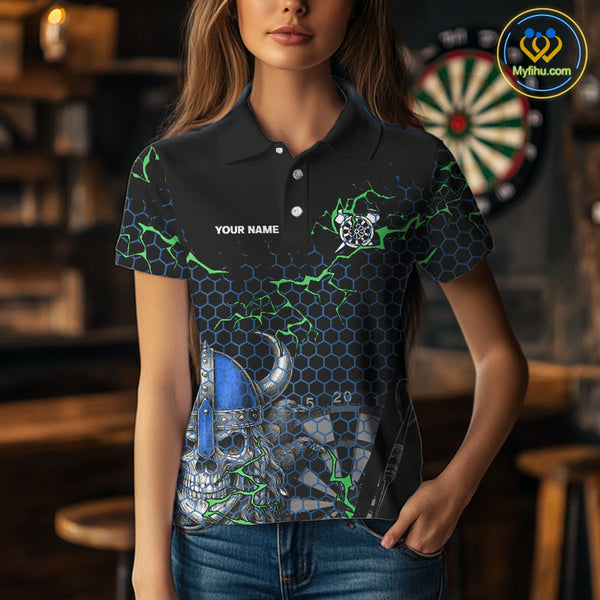 Custom Black And Blue Viking Skull Dart Polo Shirt For Women, Dart Team Jerseys NYN0446