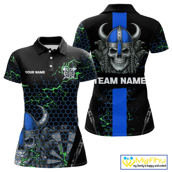 Custom Black And Blue Viking Skull Dart Polo Shirt For Women, Dart Team Jerseys NYN0446
