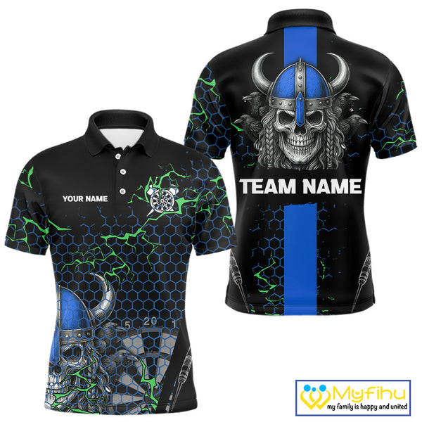 Custom Black And Blue Viking Skull Dart Polo Shirt For Men, Dart Team Jerseys NYN0446