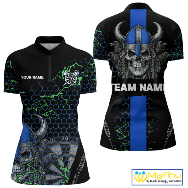 Custom Black And Blue Viking Skull Dart Quarter-Zip Shirt For Women, Dart Team Jerseys NYN0446