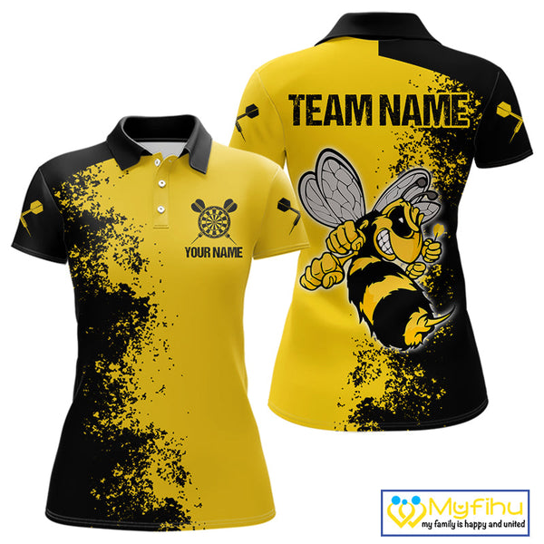 Custom Yellow Bee Mascot Splatter Effect Dart Polo Shirts For Women, Dart Jerseys NYN0695