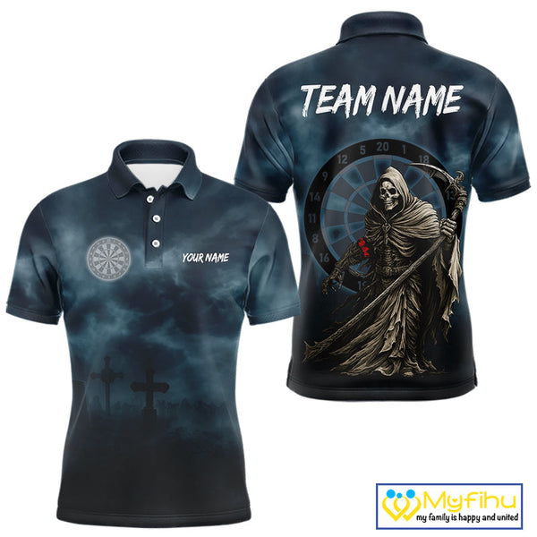 Custom Dark Blue Grim Reaper Dartboard Polo Shirts For Men, Halloween Outfit NYN0698