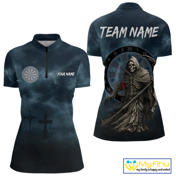 Custom Dark Blue Grim Reaper Dartboard Quarter-Zip Shirts For Women, Halloween Outfit NYN0698