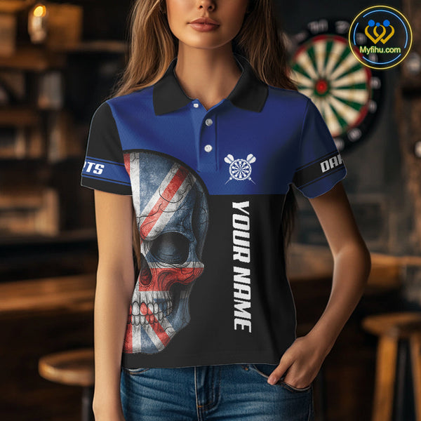 Custom Black Blue Skull Darts Polo Shirts For Women, Uk Flag Dart Jerseys NYN0701