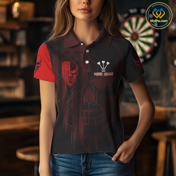 Custom Black And Red Flame Skull Dartboard Polo Shirts For Women, Halloween Outfit NYN0702