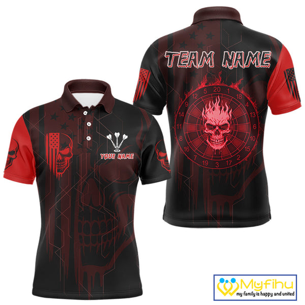 Custom Black And Red Flame Skull Dartboard Polo Shirts For Men, Halloween Outfit NYN0702