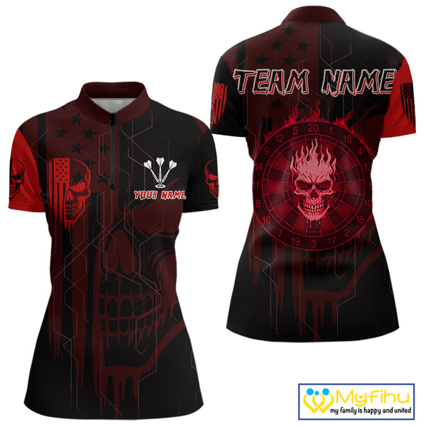 Custom Black And Red Flame Skull Dartboard Quarter-Zip Shirts For Women, Halloween Outfit NYN0702
